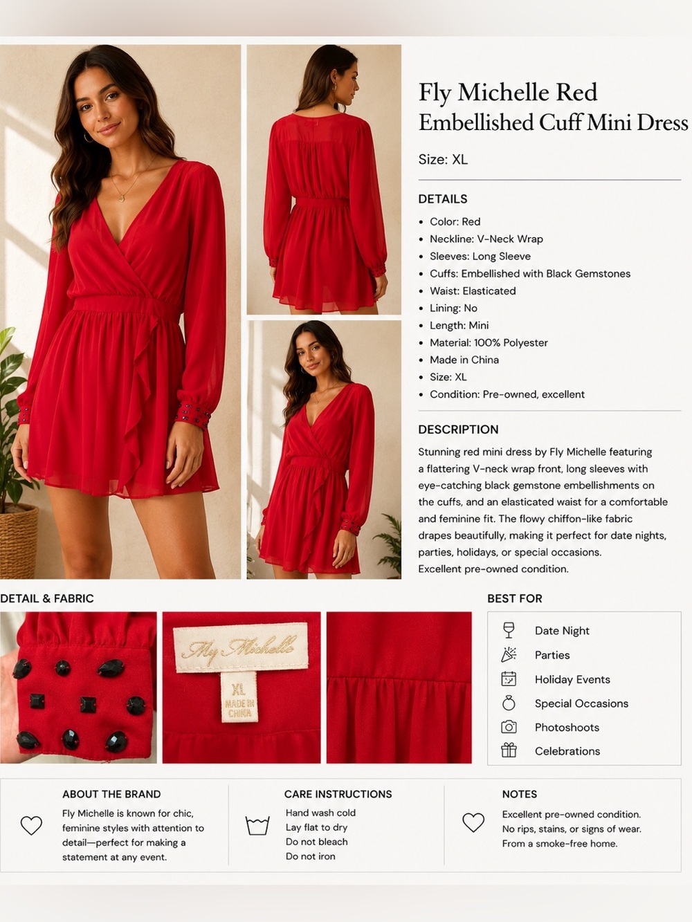 Fly Michelle Red Wrap Mini Dress Black Jeweled Cuffs Long Sleeve XL